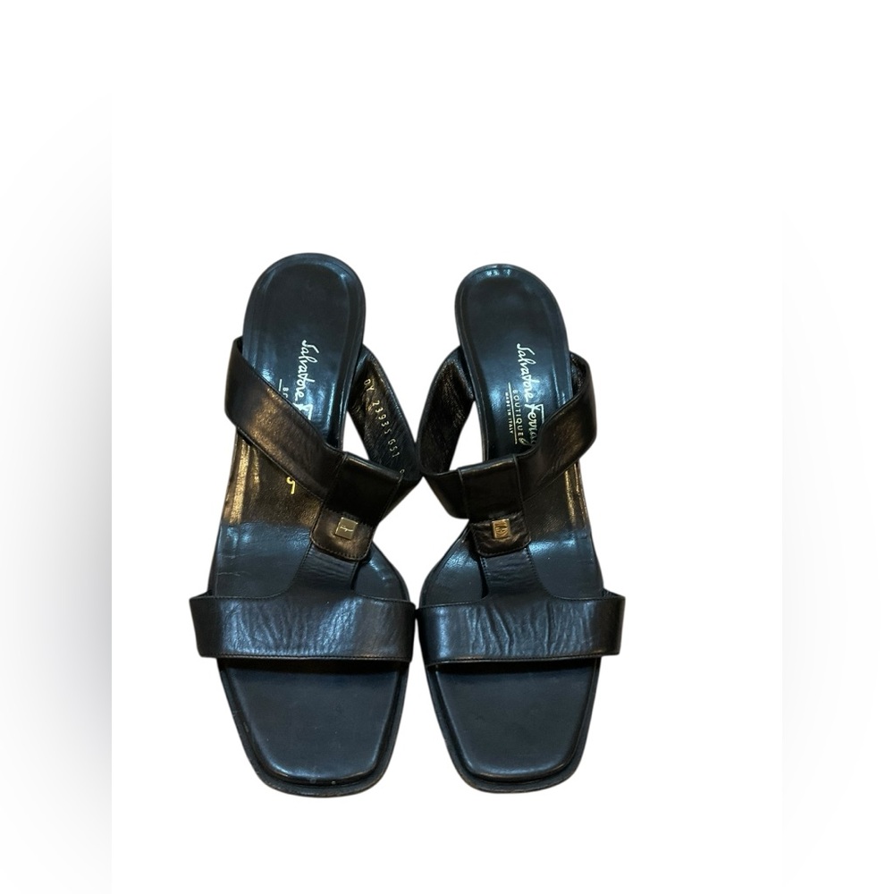 Salvatore Ferragamo Black Leather Slide Sandals
